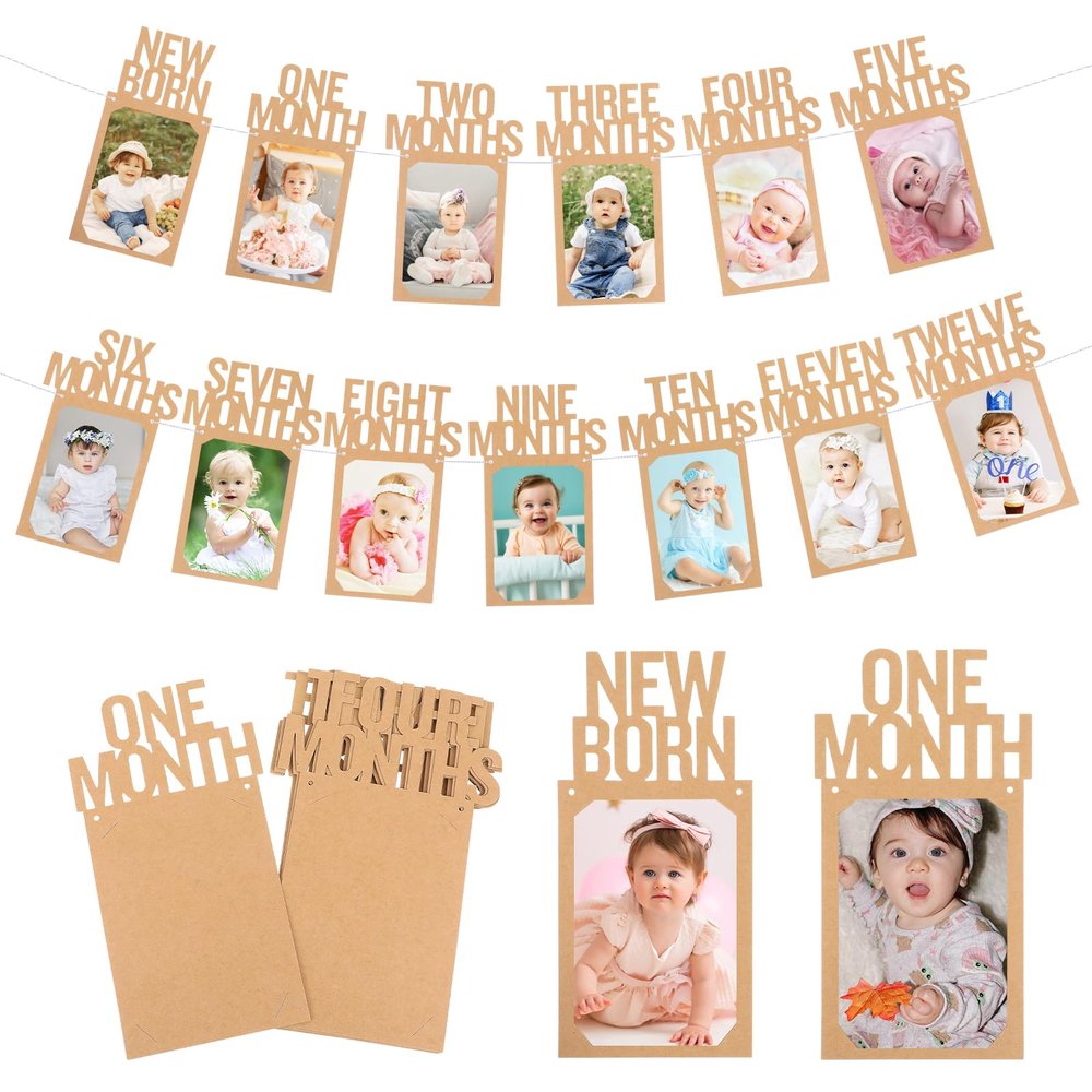 1st Birthday Photo Banner Khaki First Birthday Banner for Baby Photo Garland with Frame for Newborn to 12 Months, Boy or Girl Monthly Milestones Garland, Party Hanging Supplies