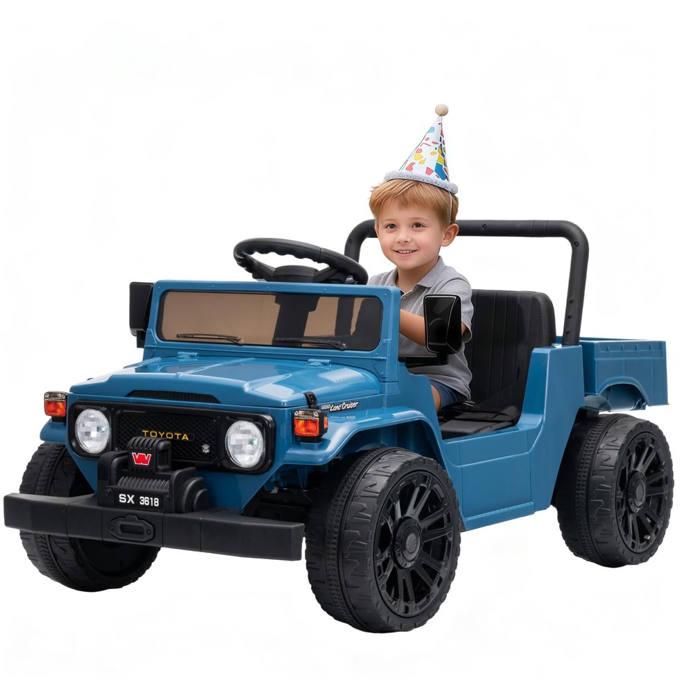 12V Licensed Toyota Ride on Truck, Electric Car Toy w/Parent Remote Control, Truck Bed Storage, Bluetooth Speaker, LED Lights, 3.73 MPH Max Speed, Safety Belt, Suspension, Blue