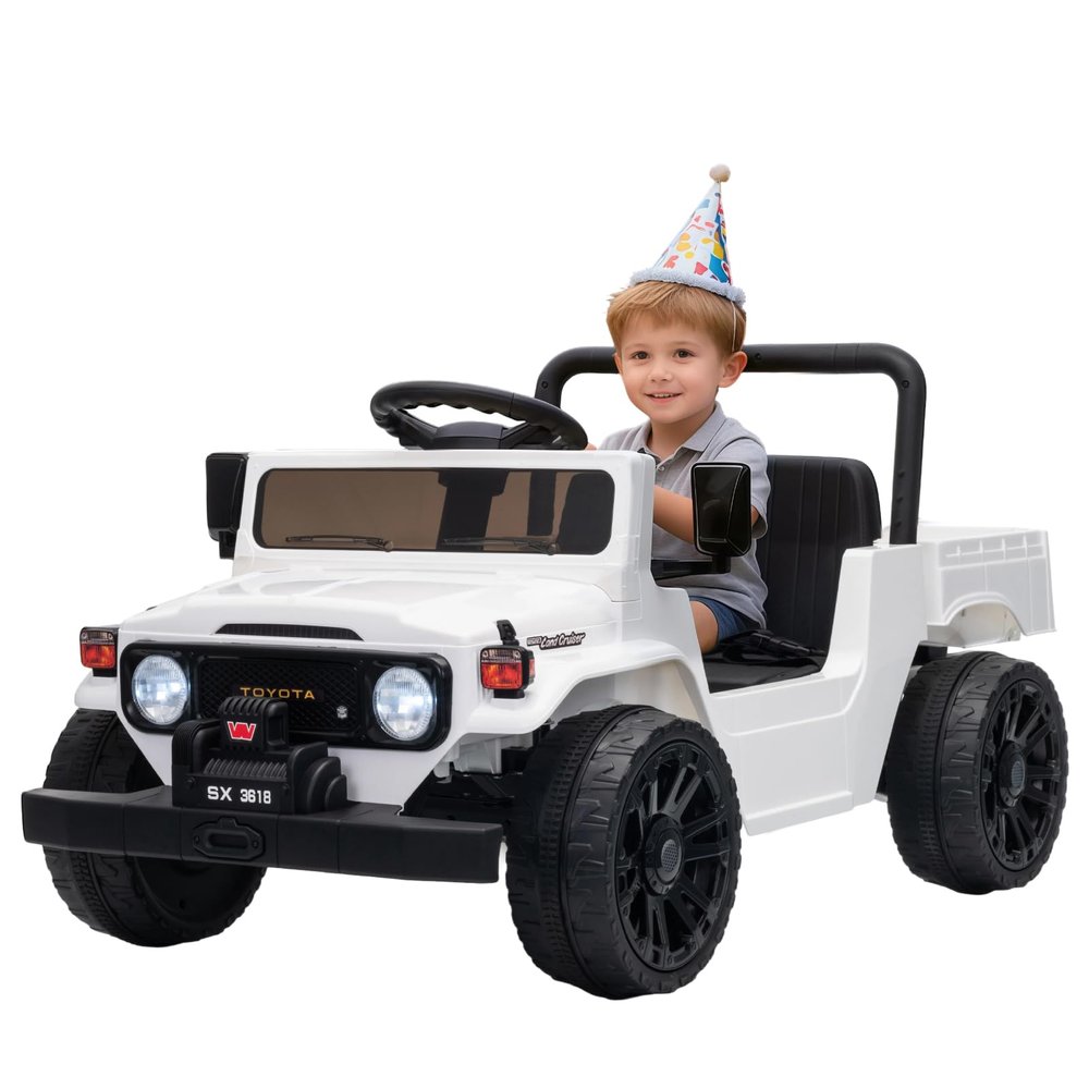 12V Licensed Toyota Ride on Truck, Electric Car Toy w/Parent Remote Control, Truck Bed Storage, Bluetooth Speaker, LED Lights, 3.73 MPH Max Speed, Safety Belt, Suspension, White