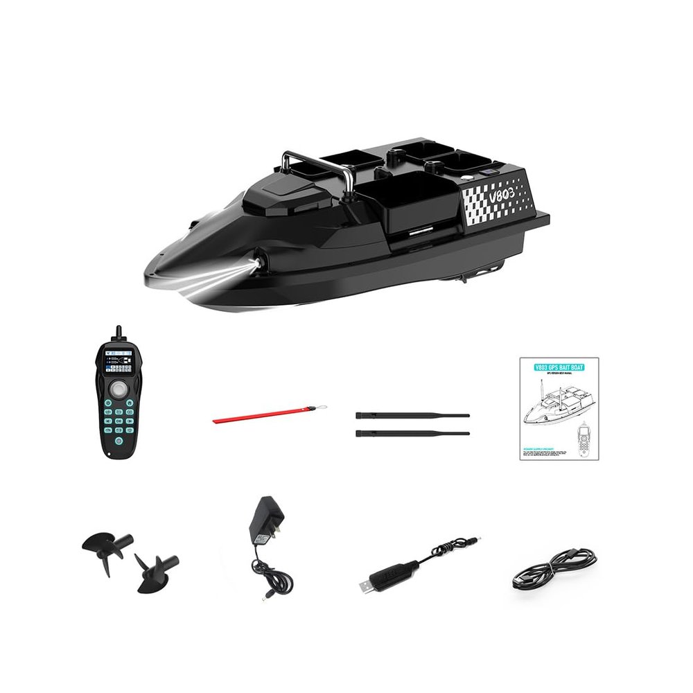 OBIOCKIDAY V803 RC Bait Boat GPS Positioning, 4-Compartment High-Speed Remote Control Fishing Bait Boat Model with 4 Fishing Zones/200 Waypoints/Auto Return, Gift for Fishing Enthusiasts
