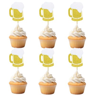 12 Pcs Beer Cupcake Toppers Gold Glitter Beer Mug Bottle Cupcake Picks for Birthday Cheers Men's and Women's Gathering Party Decorations Supplies