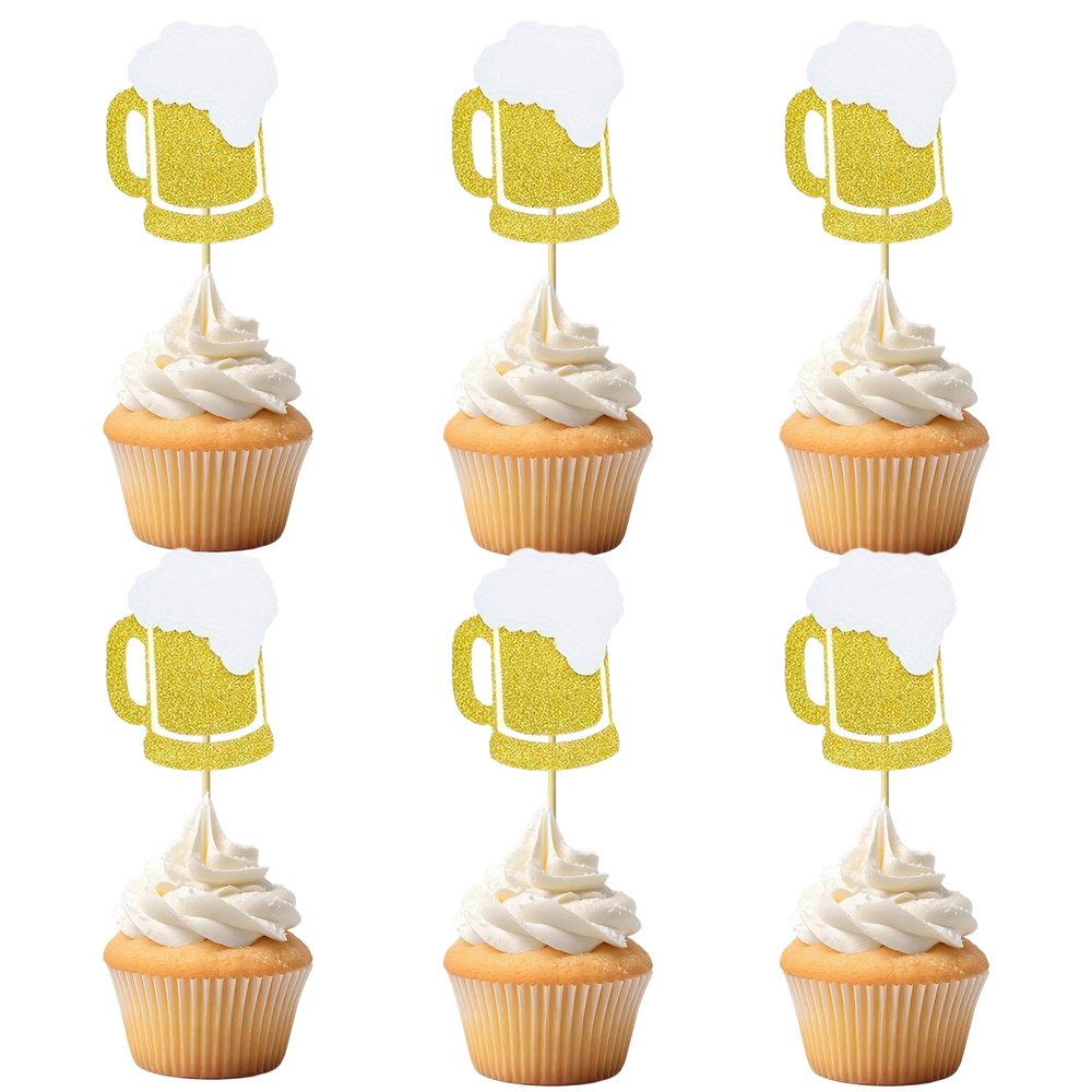 12 Pcs Beer Cupcake Toppers Gold Glitter Beer Mug Bottle Cupcake Picks for Birthday Cheers Men's and Women's Gathering Party Decorations Supplies