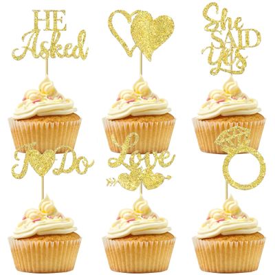 12 Pcs Bridal Shower Cupcake Toppers Gold Glitter Heart Diamond Ring Cupcake Picks for Bridal Shower Wedding Engagement Party Cupcake Decoration Supplies