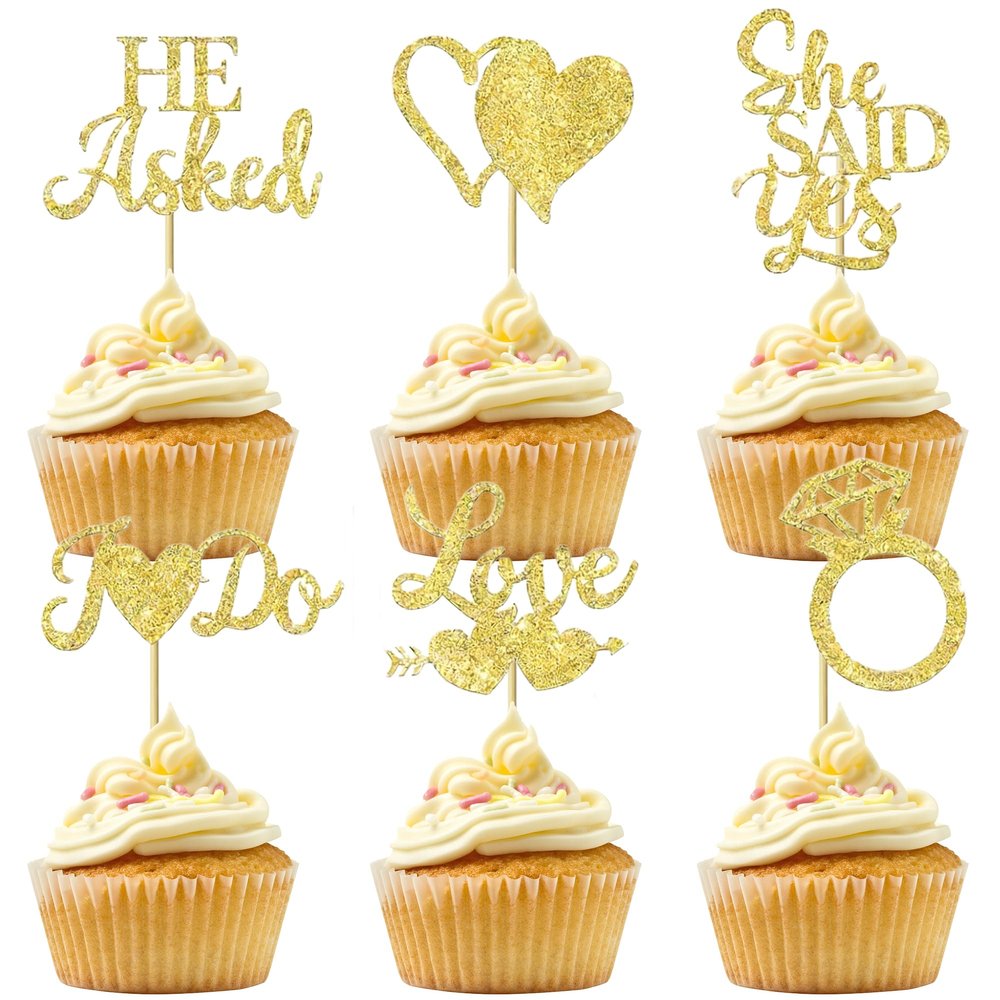 12 Pcs Bridal Shower Cupcake Toppers Gold Glitter Heart Diamond Ring Cupcake Picks for Bridal Shower Wedding Engagement Party Cupcake Decoration Supplies