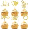 12 Pcs Bridal Shower Cupcake Toppers Gold Glitter Heart Diamond Ring Cupcake Picks for Bridal Shower Wedding Engagement Party Cupcake Decoration Supplies view 1