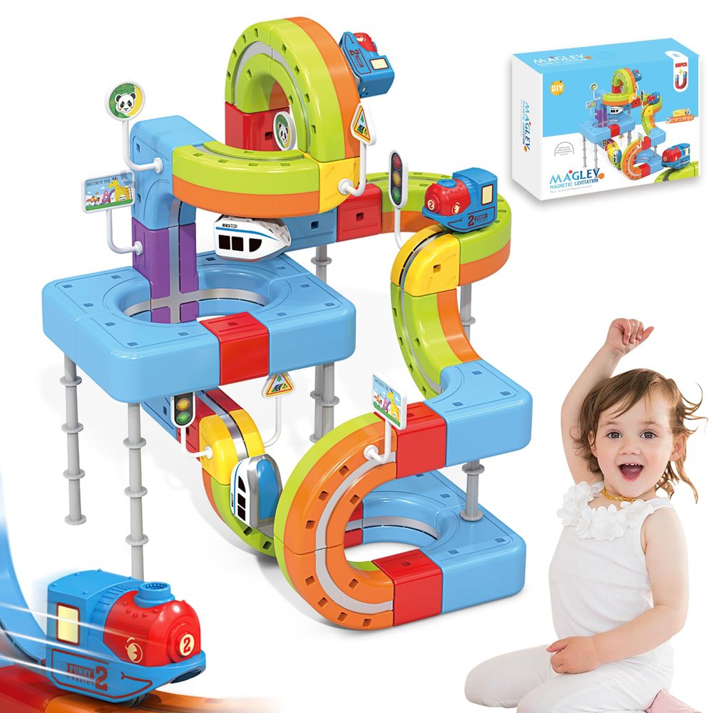 68 PCS Anti-Jam Magnetic Tracks,Flexible Magnetic DIY Electric Train Track Set for Toddlers 3+, USB-Powered STEM Educational Toy Gift