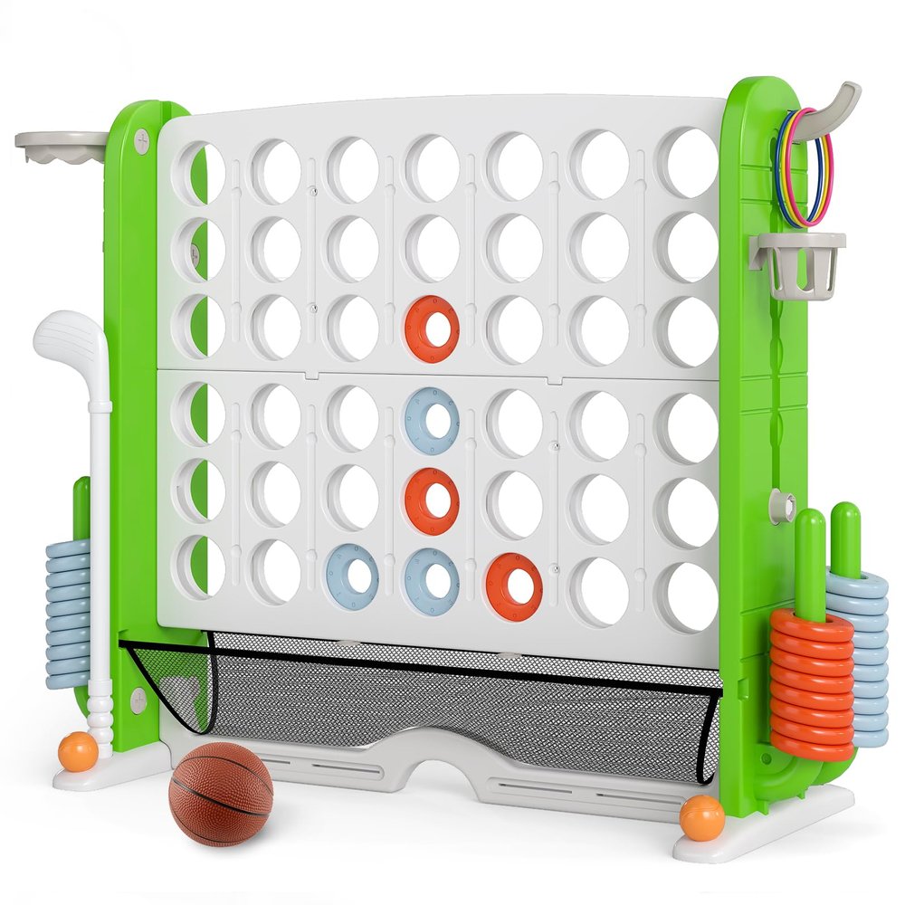 KOTEK Giant 4-in-a-Row Game, Height Adjustable Jumbo 4-to-Score Yard Game with Ring Toss, Basketball, Golf, Mesh Pocket & Cup Holders, Indoor Outdoor Connect Games for Kids, Adults & Family Party