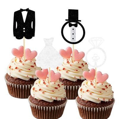 12 Pcs Bridal Shower Cupcake Toppers Glitter Wedding Dress Suit Ring Cupcake Picks for Bridal Shower Wedding Engagement Party Cupcake Decoration Supplies
