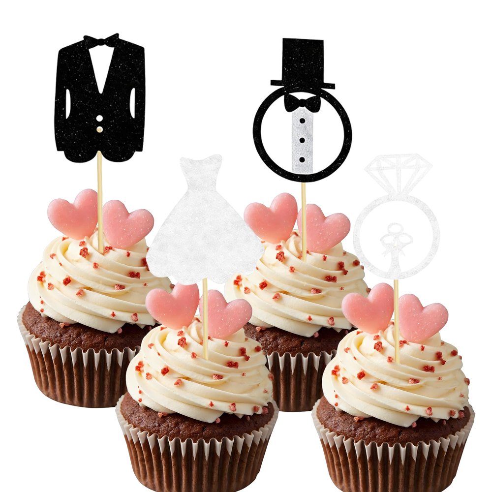 12 Pcs Bridal Shower Cupcake Toppers Glitter Wedding Dress Suit Ring Cupcake Picks for Bridal Shower Wedding Engagement Party Cupcake Decoration Supplies