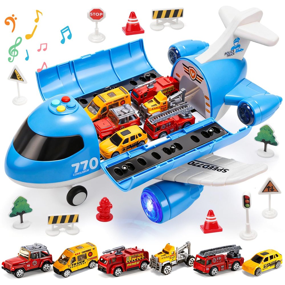 CUTE STONE Toy Airplane with Lights & Sounds, Friction Powered Plane Toy with Mini Cars for Kids, Great Gift for Boys and Girls