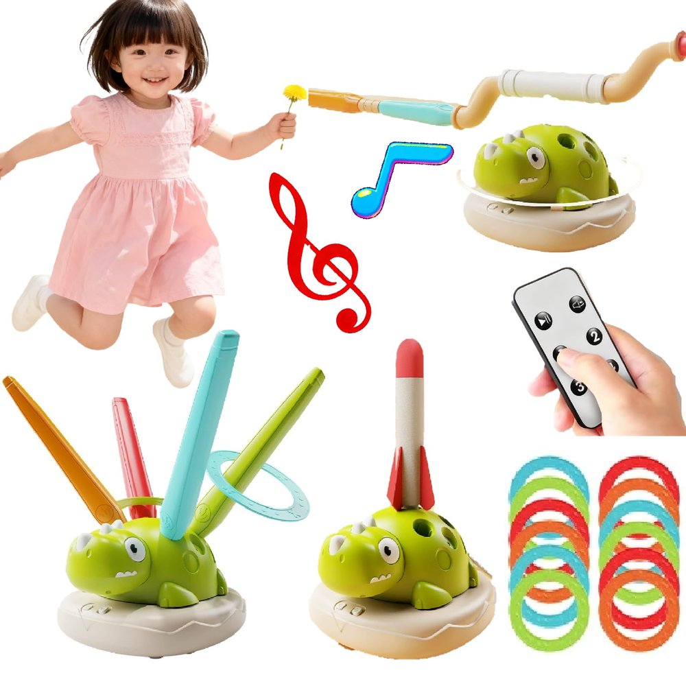 3 in 1 Dinosaur Rocket Launcher for Kids, Dinosaur Rocket Launcher Kids Jumping Toy,Musical Jump and Toss with Remote Control,Outside Toy (Dino-Charge)