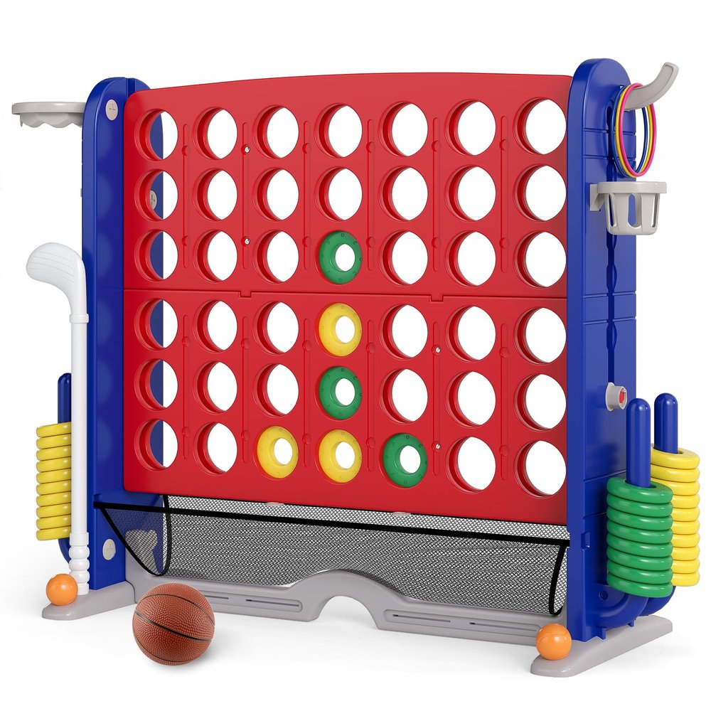 KOTEK Giant 4-in-a-Row Game, Height Adjustable Jumbo 4-to-Score Yard Game with Ring Toss, Basketball, Golf, Mesh Pocket & Cup Holders, Indoor Outdoor Connect Games for Kids, Adults & Family Party