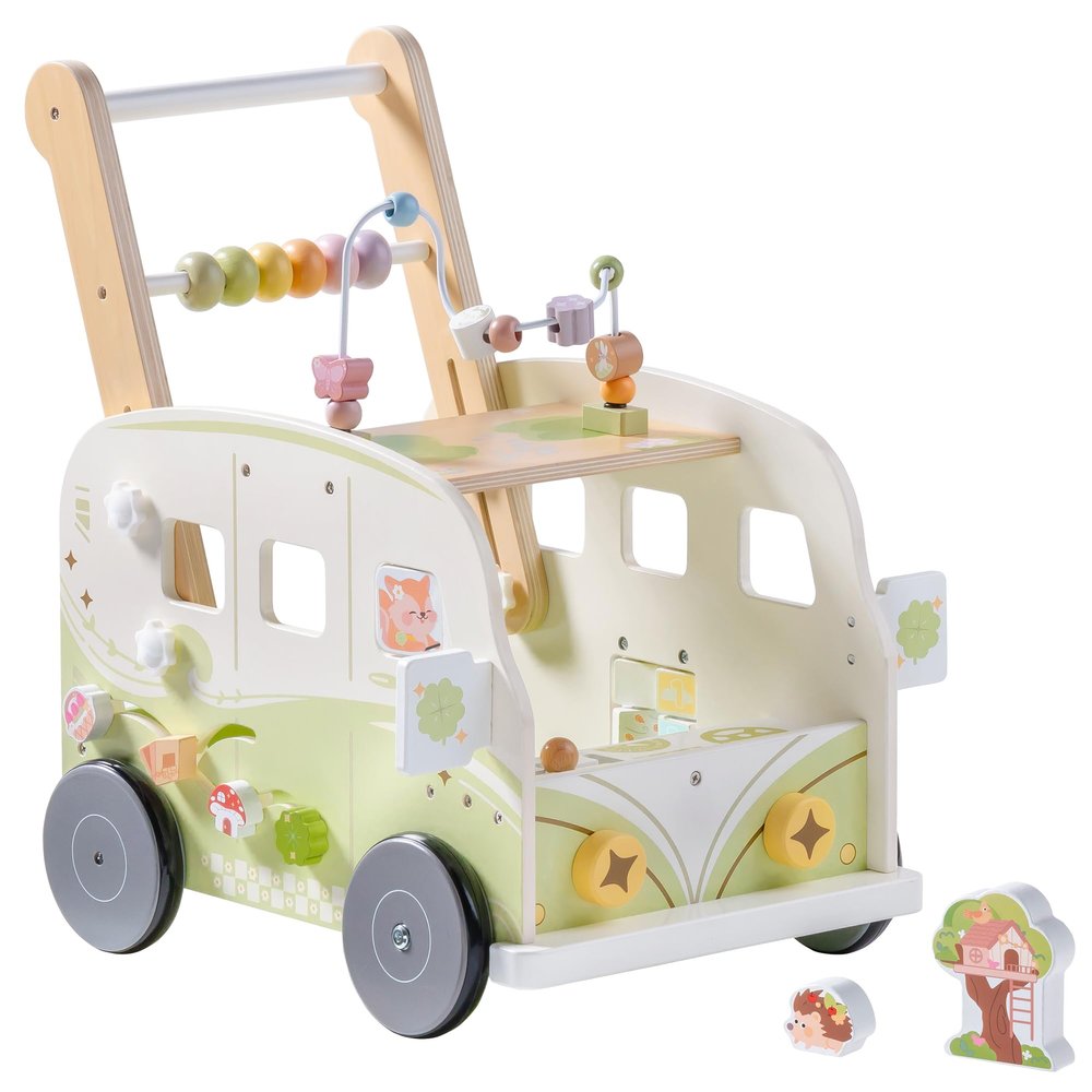 ROBOTIME Wooden Baby Walker, Baby Push Walker, Ajustable Speed Multi-Functional Baby Walker with Wheels for Babies Learning to Walk, Sit-to-Stand (Green)