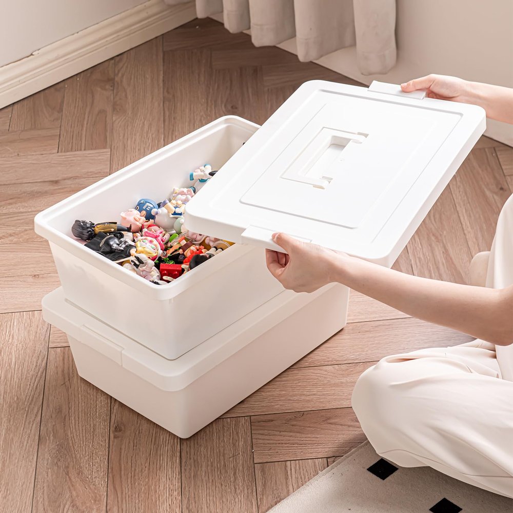 15 Quart White Stackable Storage Bins  with lock lids, built-in handles, and dust/water/moisture-proof. for organizing clothes, toys, office supplies in closets, under beds, garages. (white, 2L)