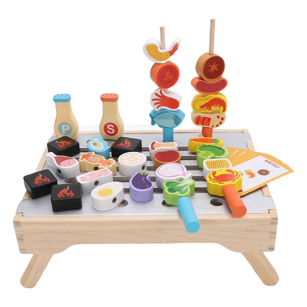 Aqur2020 Wooden Barbecue Kitchen Toy Set for Toddlers, Educational Playset with 45 Accessories, Rubber Wood Material, 10.8x30x22cm, Ages 3+
