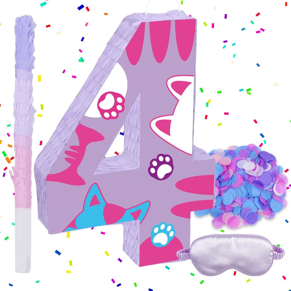 Cat Number 4 Piata, 15.75" x 11" x 2.76" Kitten Piata Birthday Party Decorations Includes Wooden Stick, Blindfold and Confetti for Cat Theme 4th Birthday Party Supplies