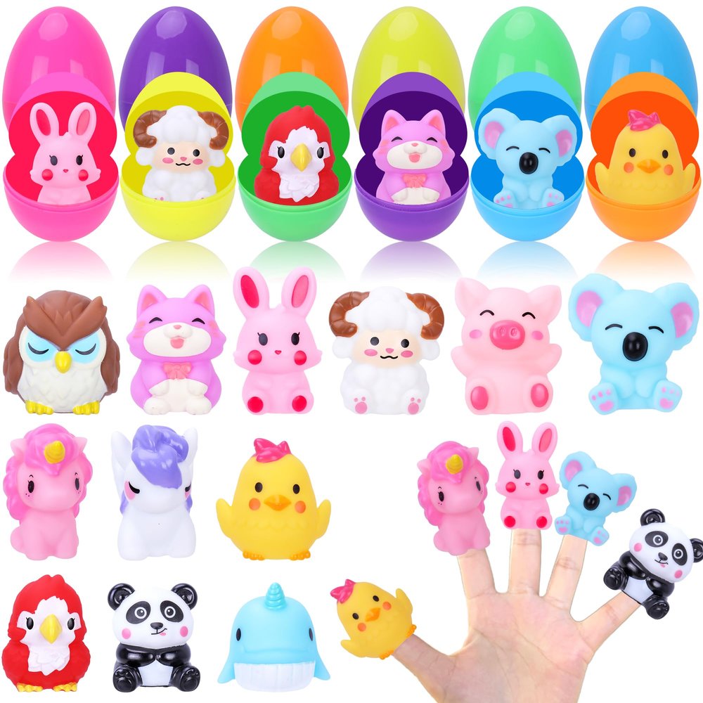 12 Pack Prefilled Easter Eggs With Toys, Mini Animal Finger Puppets Easter Egg Fillers, Easter Basket Stuffers for Kids and Toddlers, Easter Party Favors, Classroom Prizes
