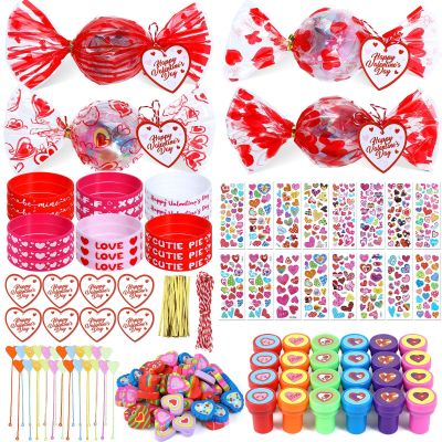 284Pcs Valentines Day Gifts for Kids 24Pack Valentines Round Candy-Shaped Stationery Gift Set with Bracelets Erasers Stamps Stickers Heart Cards for School Classroom Exchange Prizes Party Favors