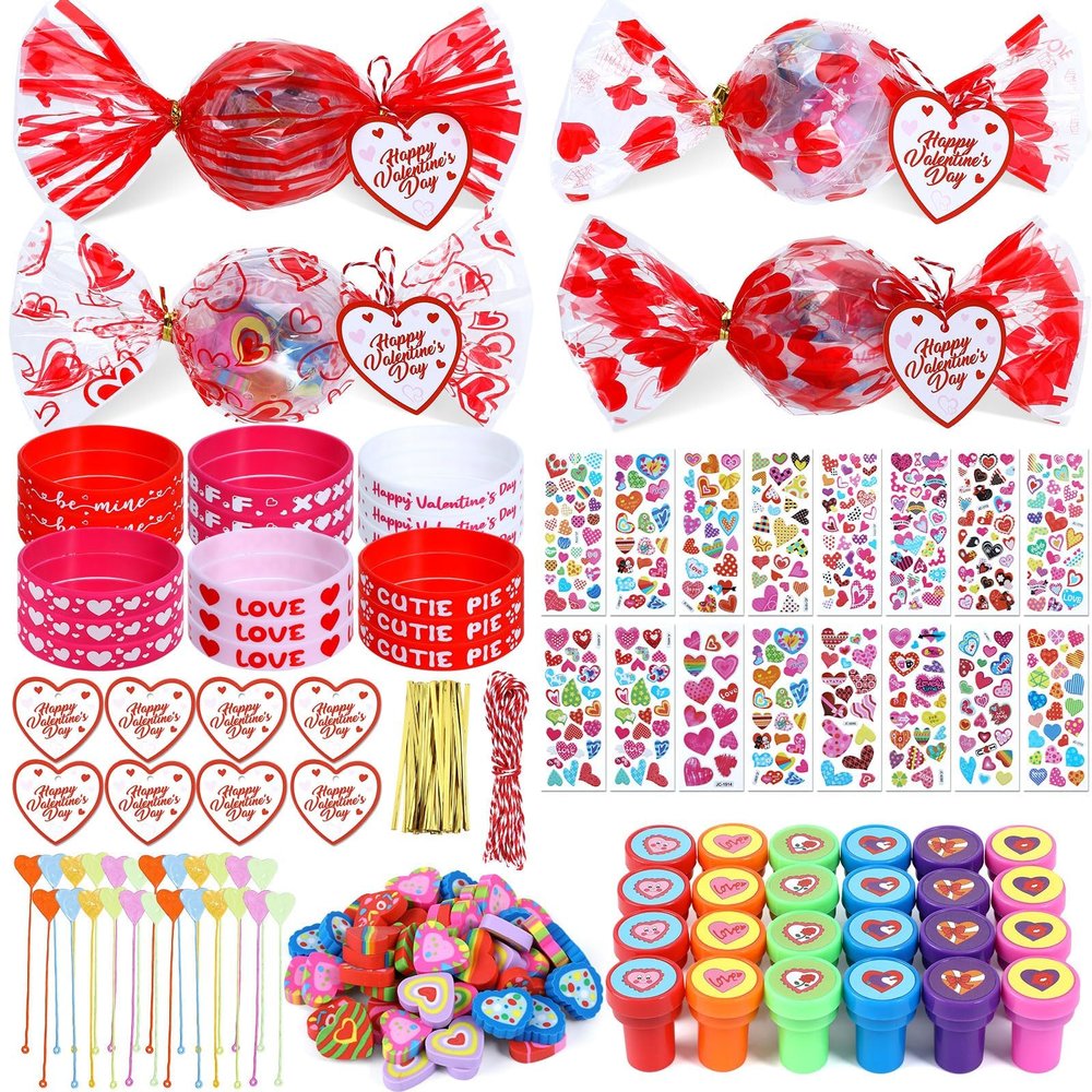 284Pcs Valentines Day Gifts for Kids 24Pack Valentines Round Candy-Shaped Stationery Gift Set with Bracelets Erasers Stamps Stickers Heart Cards for School Classroom Exchange Prizes Party Favors