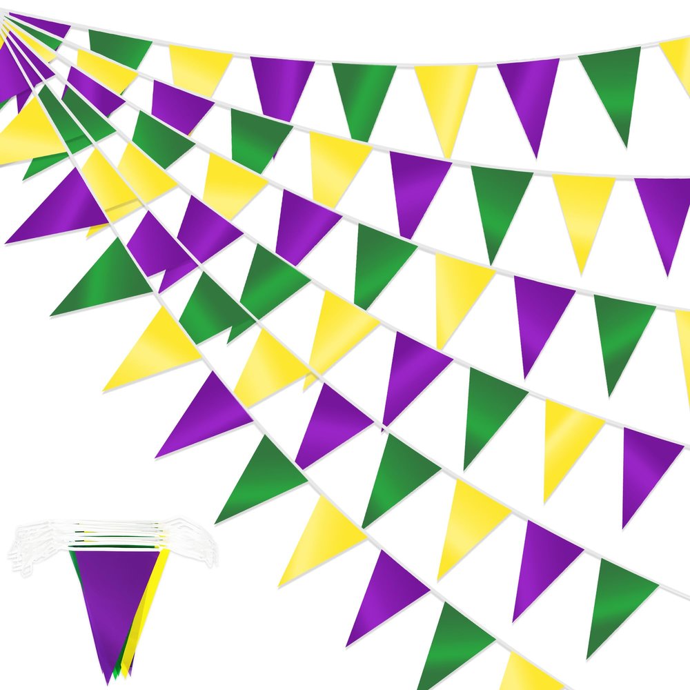 100FT Mardi Gras Decorations, Pre-Assemble Mardi Gras Banner, Purple Green and Gold Pennant Banner Flags, Double-Sided Carnival Banners Decor for New Orleans Holiday Masquerade Party Decorations