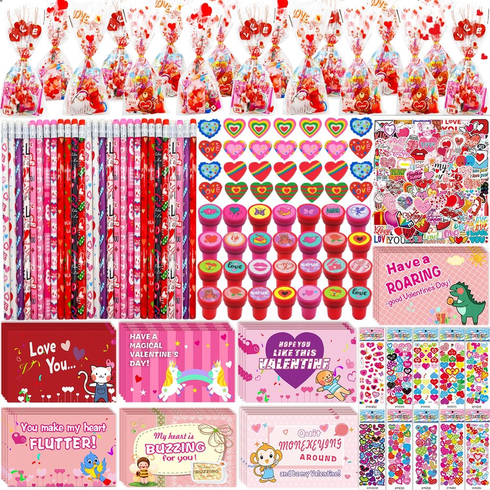 268PCS Valentines Day Gifts for Kids Valentine Day Cards for Kids School Classroom Goodie Bags Stuffers Non Candy Party Favors Class Valentine Day Gifts for Kids Bulk Prizes Treats Exchange Students