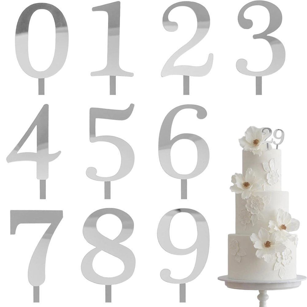 10PCS Small Sliver Acrylic Brithday Cake Decorations (0-9), Number Cake Toppers Set Suitable for Women and Men, Party Decor for Birthday Anniversary Wedding Baby Shower