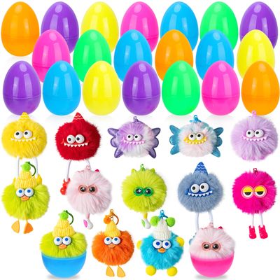 12 Pack Prefilled Easter Eggs With Toys, Monster Plush Keychains for Kids, Non Candy Easter Basket Stuffers, Egg Hunt Party Favors, Classroom Prizes, Goodie Bag Fillers
