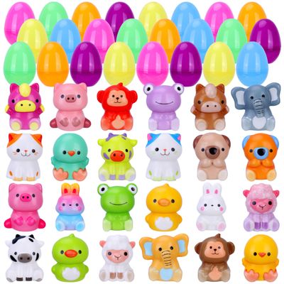 24 Pack Prefilled Easter Eggs With Toys, Mini Animal Squishy Toys, Easter Egg Fillers with 24 Fillable Plastic Eggs, Easter Basket Stuffers for Kids, Egg Hunt Prizes, Classroom Rewards, Party Favors