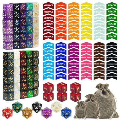 145PCS MTG Dice Set Keyword Tokens Dice Counters, +1/ 1 Counters,Shield,Tracking& D20 Life Dice, Storage Box Drawstring Bags for Magic The Gathering Cards Gaming Accessories