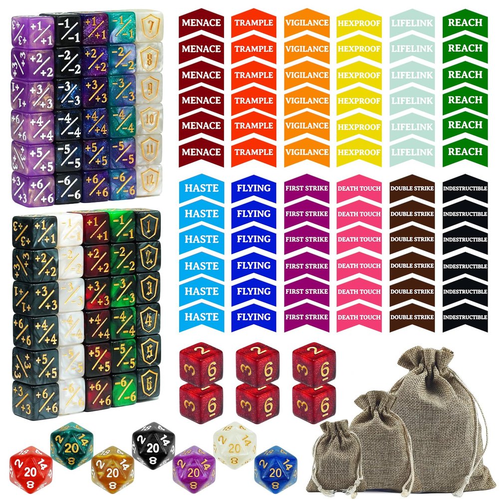 145PCS MTG Dice Set Keyword Tokens Dice Counters, +1/ 1 Counters,Shield,Tracking& D20 Life Dice, Storage Box Drawstring Bags for Magic The Gathering Cards Gaming Accessories