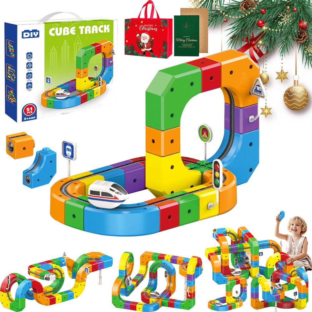 3D Stem Electric Train Set, Magnetic Train Track Set, Anti-Gravity 3D Infinity Track with Motorized Train and Traffic Signs, Train Modular Clip-Fit Tracks, Loop 360 (51 Pc)