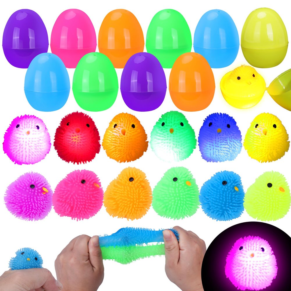 24 Pack Prefilled Easter Eggs with Toys, Chick Puffer Balls, Sensory Squeeze Fidget Toys, Easter Basket Stuffers, Easter Egg Fillers for Kids, Egg Hunt Party Favors, Classroom Rewards