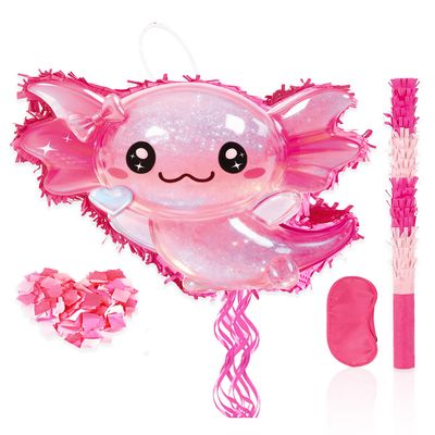 Axolotl Pinata Set - Glitter Pink Axolotl Pull String Piata with Blindfold, Bat, Confetti for Birthday Party Decorations (16.1'')