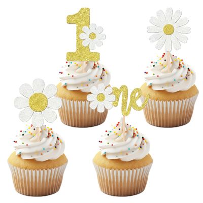12PCS Daisy 1st Birthday Cupcake Topper Set Gold & White Glitter One Cake Decorations Suitable for 1st Birthday Party Dessert Decor