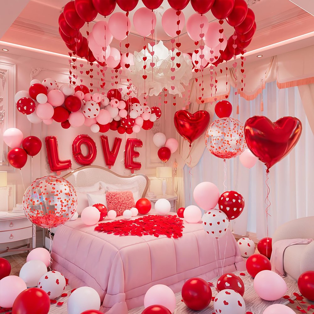 1082PCS I Love You Balloons, Happy Anniversary Decorations with Pink Red Heart Print Balloon, Red Heart 32'' LOVE Foil Balloons, Rose Petals, Heart Hanging for Romantic Night Valentine Day Decorations