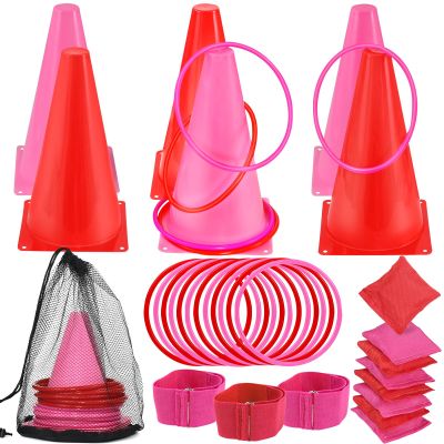 33Pcs Large 4 in 1 Valentines Day Games for Kids with Ring Toss, Plastic Cones, Bean Bags, 3-Legged Race Bands, Carnival Valentine's Games Activity Combo Set for Classroom Indoor Outdoor Party Yard