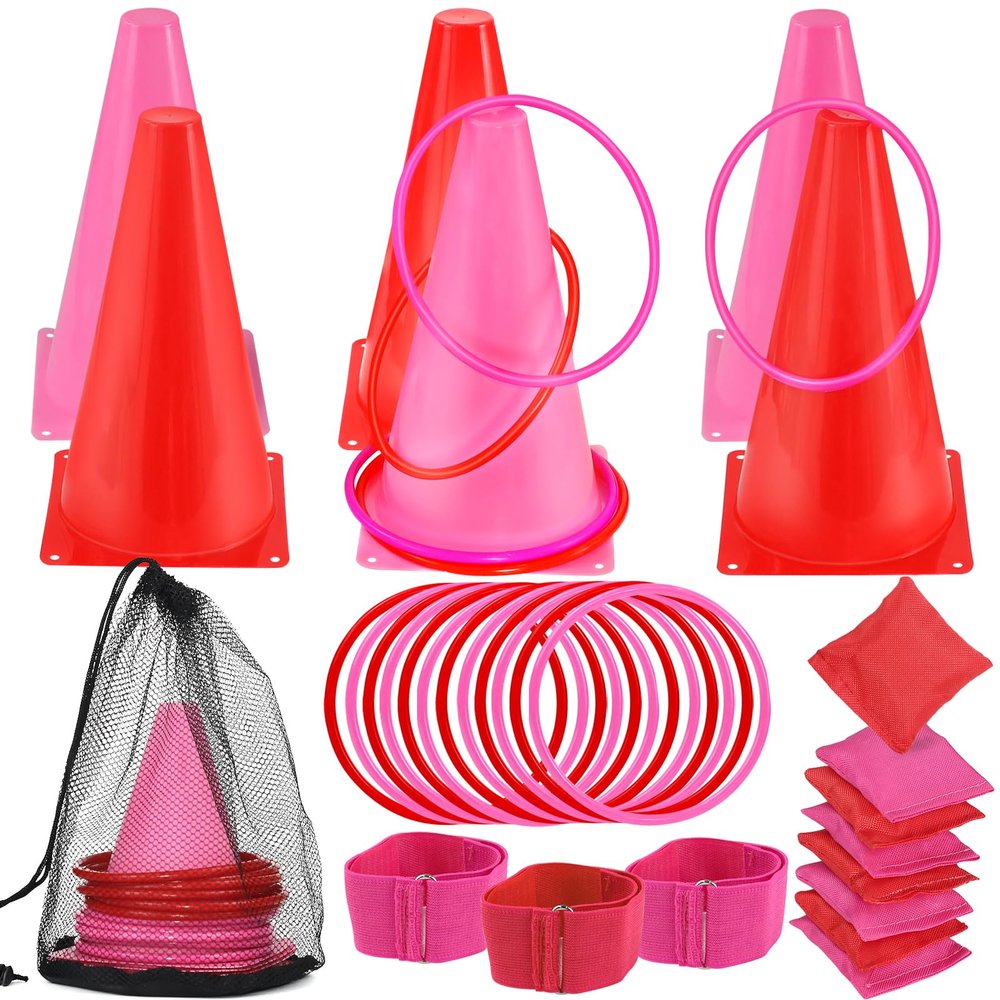33Pcs Large 4 in 1 Valentines Day Games for Kids with Ring Toss, Plastic Cones, Bean Bags, 3-Legged Race Bands, Carnival Valentine's Games Activity Combo Set for Classroom Indoor Outdoor Party Yard