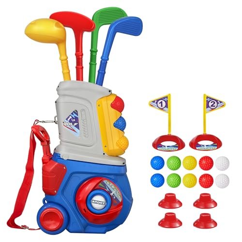 LPFG Toddler Golf Set, Kids Golf Set for Ages 1 2 3 4 5 Years Old Boys Girls with 4 Plastic Golf Clubs 10 Balls, Indoor Outdoor Baby Toddler Golf Clubs Set Toy with Cart Birthday Gifts Blue