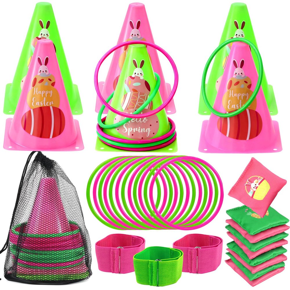 4 in 1 Easter Outdoor Games for Kids and Family, Easter Party Game with Ring Toss, Plastic Cones, Bean Bags, 3-Legged Race Bands, Carnival Spring Games Activities Combo Set for Adult Yard Classroom