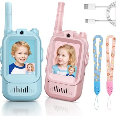 Rechargeable Video Walkie Talkies for Kids 3-12, Indoor & Outdoor Toys for Boys & Girls - Perfect for Hide-and-Seek, Outdoor Adventures, Neighborhood Playdates(Blue+Pink)