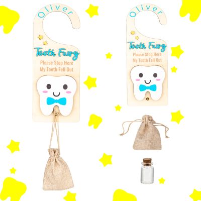 Personalized Customized Tooth Fairy Set - A three-piece tooth storage box set, equipped with a door hook, plush bag and commemorative bottle. (Blue jute bags)