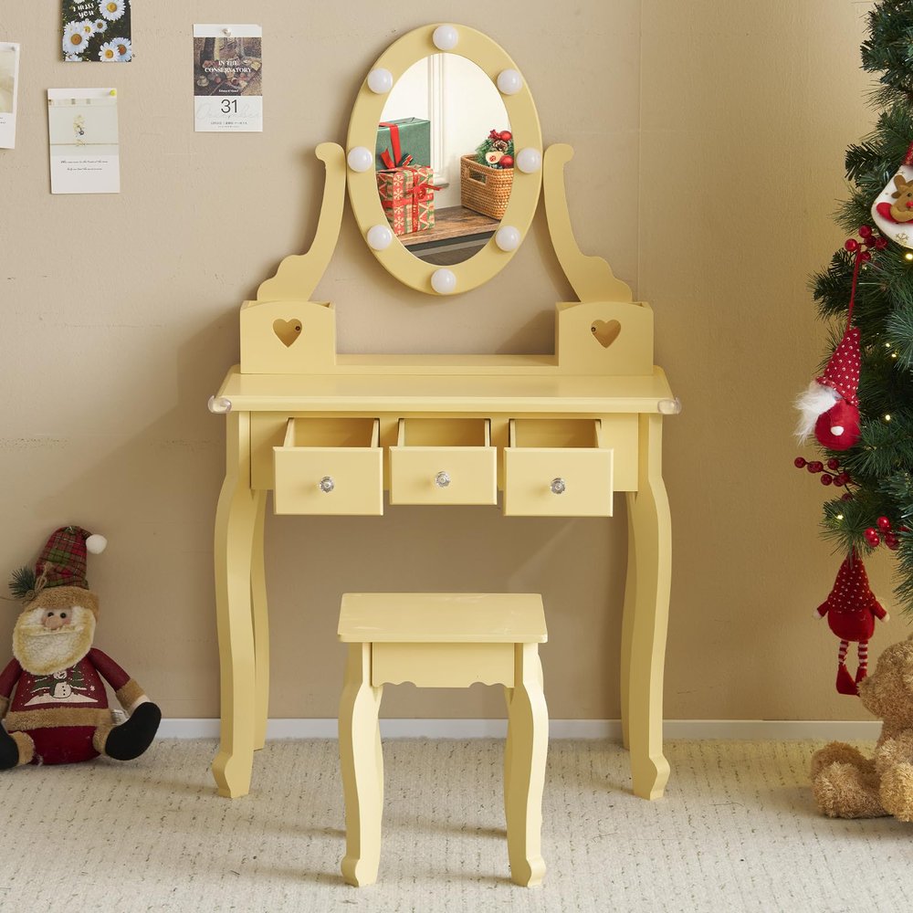 RNYXKDLF Kids Vanity Set with Mirror and Lights and Stool, 5 Storage Drawers, Pretend Play Princess Makeup Desk Dressing Table and Stool Set for Little Girls Age 3+, Macaroon Orange