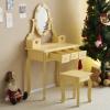 RNYXKDLF Kids Vanity Set with Mirror and Lights and Stool, 5 Storage Drawers, Pretend Play Princess Makeup Desk Dressing Table and Stool Set for Little Girls Age 3+, Macaroon Orange view 2
