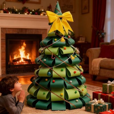 3.9Ft DIY Large Paper Christmas Tree Kit,DIY Paper Christmas Tree Kit with String Bow Pompoms Ornaments,Make a 3D XmasTrees Craft Set Xmas Party Decors for Funny Holiday Family Activities