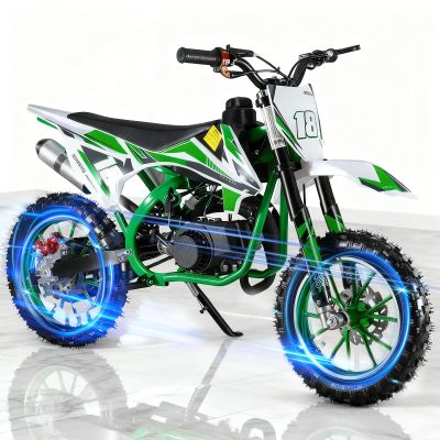 49cc 2-Stroke Kids Dirt Bike, Gas Power Motocross, Off Road Mini Motorcycle, Gas Bike Load 330Lbs Springs Soft Seat Cushion Pocket Motorbike with Front Rear Disc Brakes (Green) Green