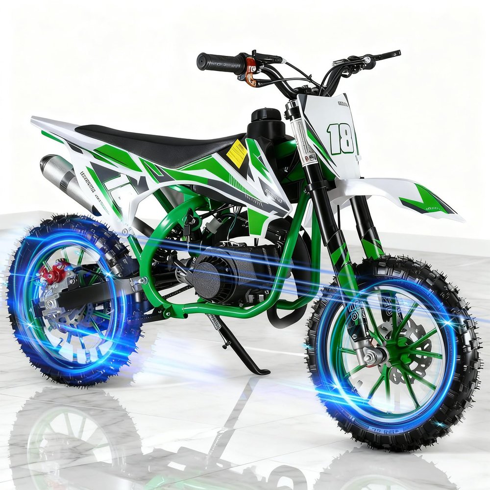49cc 2-Stroke Kids Dirt Bike, Gas Power Motocross, Off Road Mini Motorcycle, Gas Bike Load 330Lbs Springs Soft Seat Cushion Pocket Motorbike with Front Rear Disc Brakes (Green) Green