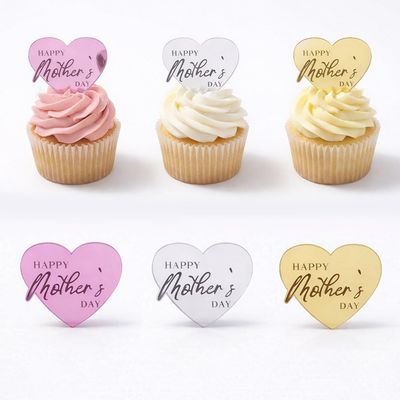12pcs Happy Mothers' Day Cupcake Toppers Red Pink Rosegold Cupcake Decorations Mirror Acrylic Heart Shape Happy Mothers' Day cake Decorations I Love you mom Cake Party Supplies Gifts