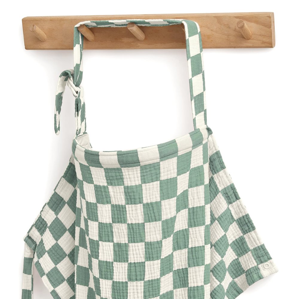 Blissful Diary Muslin Nursing Cover for Breastfeeding, Breathable Breastfeeding Cover up with Arch Neckline for Women, Nursing Apron (Sage Checkboard)