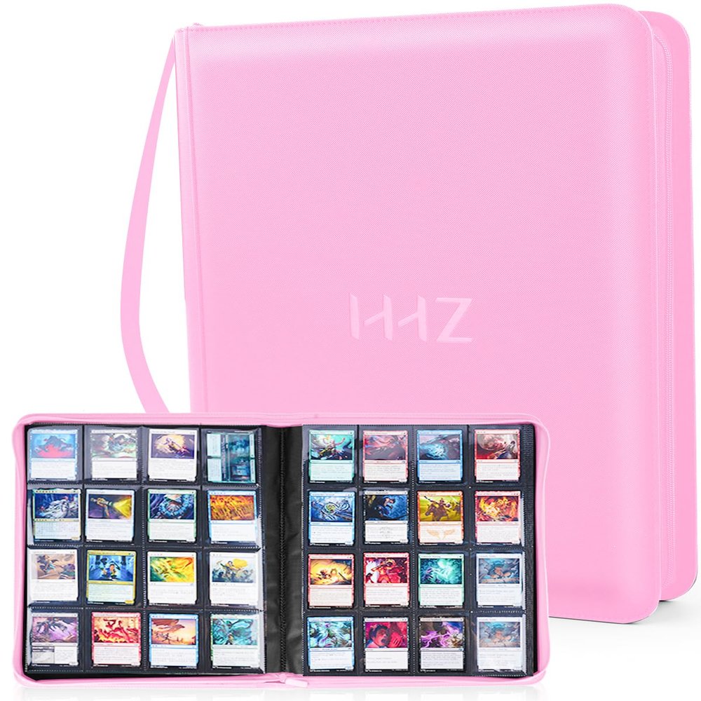 16-Pocket Card Binder - Card Binder Hold 832 Cards with Durable PU Leather & Side Loading for Baseball, Sport, MTG, TCG, PKM, Game Cards, Regular Cards Binder Double Sided Pocket Collector Album(Pink)