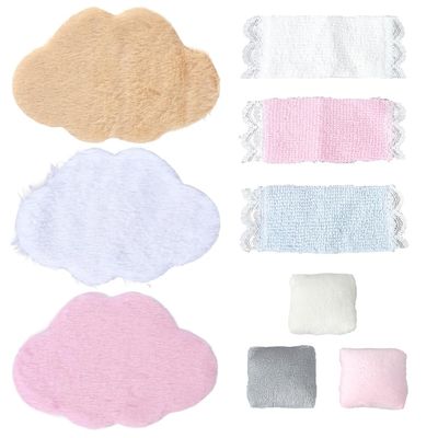 GORGECRAFT 3 Sets Miniature Carpet 3pcs Dollhouse Pillow 3pcs Dollhouse Towels Mini Doll House Decor Polyester Fluffy Miniature Doll House Cloud Rug for Furniture Decoration Bedroom